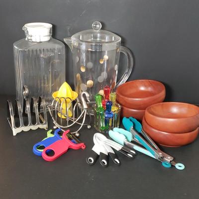 LOT 223K: Kitchen Accessories; Turned Wood Bowls, Vintage Glass Refrigerator Bottle, Vintage Toast Racks, and More
