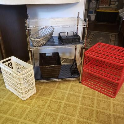 LOT 227K: 3-Tier Metal Shelf, Plastic Organization Shelves, and More