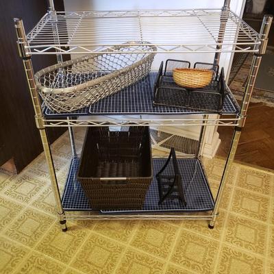 LOT 227K: 3-Tier Metal Shelf, Plastic Organization Shelves, and More