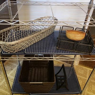 LOT 227K: 3-Tier Metal Shelf, Plastic Organization Shelves, and More