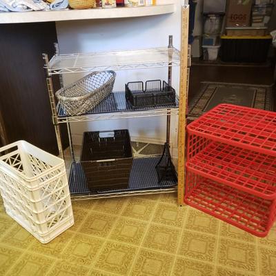 LOT 227K: 3-Tier Metal Shelf, Plastic Organization Shelves, and More