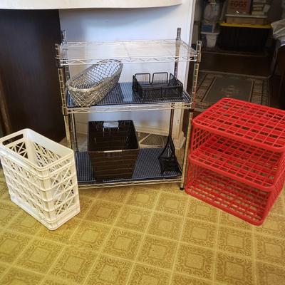 LOT 227K: 3-Tier Metal Shelf, Plastic Organization Shelves, and More