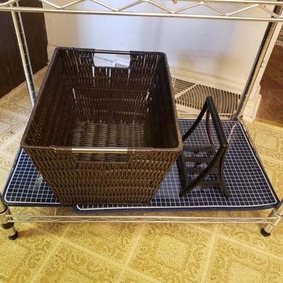 LOT 227K: 3-Tier Metal Shelf, Plastic Organization Shelves, and More