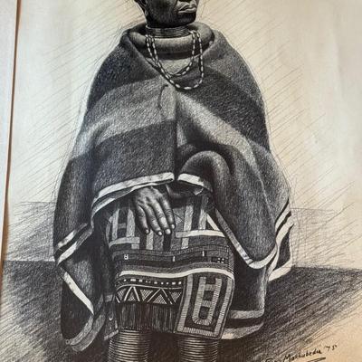 LOT 232F: Signed 1975 Makhubedu Portrait Drawing 4304