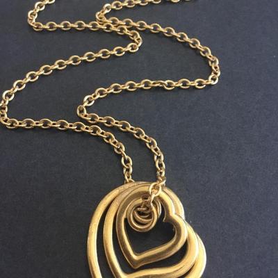 Avon satin gold, toned, triple heart necklace, vintage Avon very nice