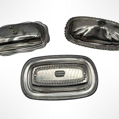 Set of 3 Silverplate Covered Butter Dishes with Glass Inserts