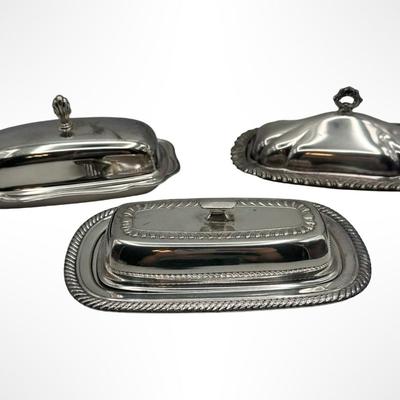 Set of 3 Silverplate Covered Butter Dishes with Glass Inserts