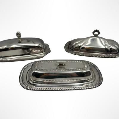 Set of 3 Silverplate Covered Butter Dishes with Glass Inserts