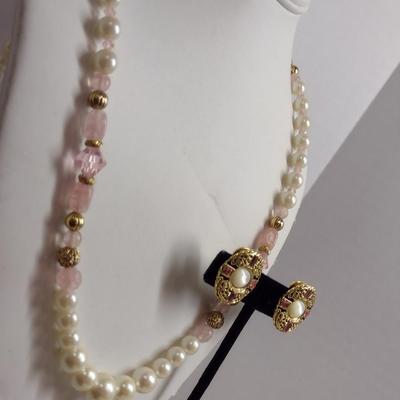 1928 Faux Pearl and Pink Necklace and Earring Set (#32)