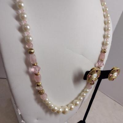 1928 Faux Pearl and Pink Necklace and Earring Set (#32)