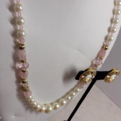 1928 Faux Pearl and Pink Necklace and Earring Set (#32)