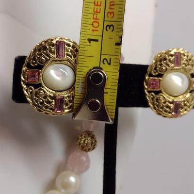 1928 Faux Pearl and Pink Necklace and Earring Set (#32)