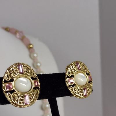 1928 Faux Pearl and Pink Necklace and Earring Set (#32)