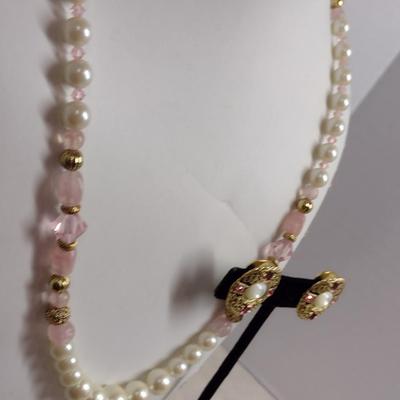 1928 Faux Pearl and Pink Necklace and Earring Set (#32)