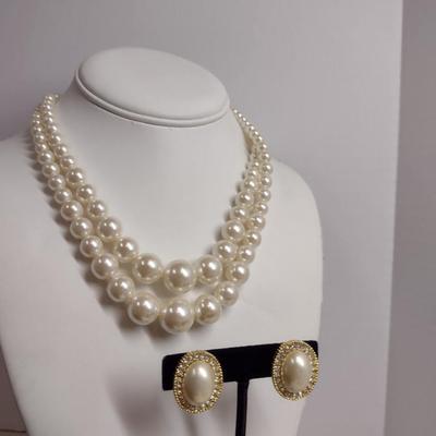 Double Strand Faux Pearl Necklace and Earring Set (#33)