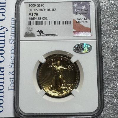 2009 $20 Ultra High Relief St Gaudens Double Eagle 1 oz Gold NGC MS70 Mercanti
