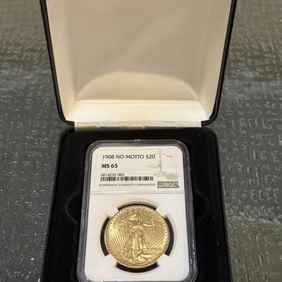 1908 $20 Saint Gaudens GOLD DOUBLE EAGLE MS65 NGC: Coin Worth $3400+ PURE GOLD