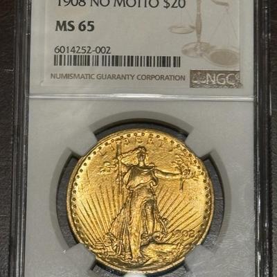 1908 $20 Saint Gaudens GOLD DOUBLE EAGLE MS65 NGC: Coin Worth $3400+ PURE GOLD