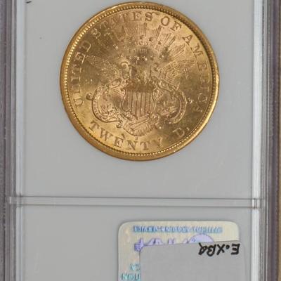 1866-S Gold Liberty Head $20 Motto NGC AU58. Rarity. Below bid.