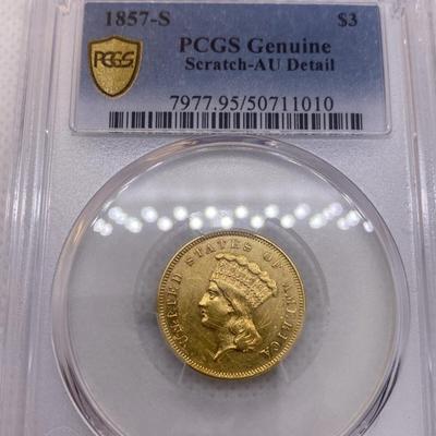1857-S $3 Princess Gold PCGS AU Gold Coin RARE VERY LOW Mintage
