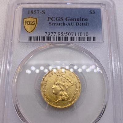 1857-S $3 Princess Gold PCGS AU Gold Coin RARE VERY LOW Mintage