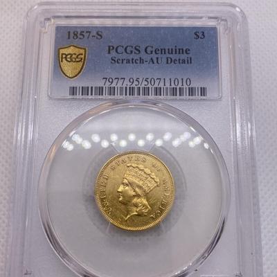 1857-S $3 Princess Gold PCGS AU Gold Coin RARE VERY LOW Mintage