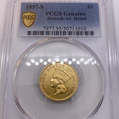 1857-S $3 Princess Gold PCGS AU Gold Coin RARE VERY LOW Mintage