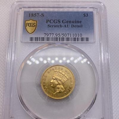 1857-S $3 Princess Gold PCGS AU Gold Coin RARE VERY LOW Mintage