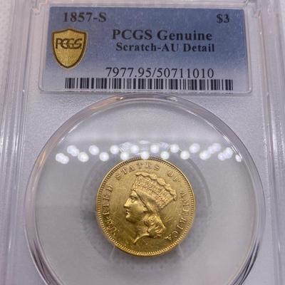 1857-S $3 Princess Gold PCGS AU Gold Coin RARE VERY LOW Mintage