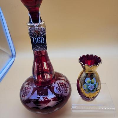 Sale Photo Thumbnail #295: Vintage Bohemian Ruby cut to clear decanter, excellent condition,  6.5 x 14.5 inches
Bohemian cranberry ruby red glass vase with gold and enamel finishing.  Excellent condition   4.5 inches tall