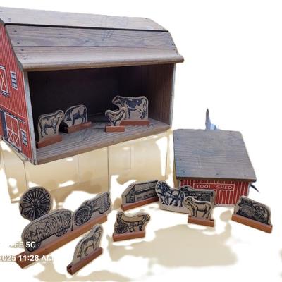 Sale Photo Thumbnail #301: Complete with wooden animals and matching tool shed.  Includes non=original plastic animals.
12 inches x 9 inches tall.  From the 1940's.  
Retails at $ 270.00