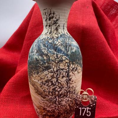 Sale Photo Thumbnail #313: Tree Motif.  Blue, brown, cream colors.
Dated 1981     Thrown Pottery
10 inches tall x 4 inches wide