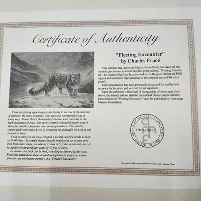 Sale Photo Thumbnail #332: Snow Leopard.  American Master Foundation
Jacketed, Certificate of Authenticity.  Signed, Numbered 1904/3000
Limited Edition 
29.5 " tall x 35.5 " wide