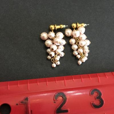 Vintage, gold, toned, light pale, pink faux, pearl grape cluster dangle earrings