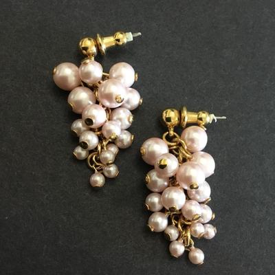 Vintage, gold, toned, light pale, pink faux, pearl grape cluster dangle earrings