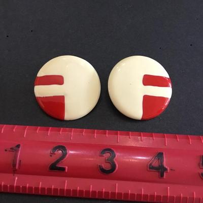 Vintage cream and red enameled large circular stud statement earrings. Very nice and great condition.