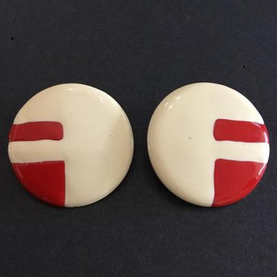 Vintage cream and red enameled large circular stud statement earrings. Very nice and great condition.