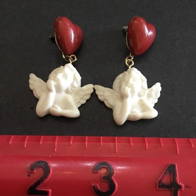 Exquisite, maroon, red heart and white angel earrings