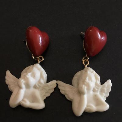 Exquisite, maroon, red heart and white angel earrings