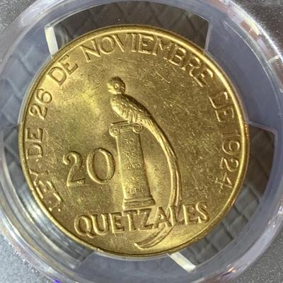 1926 GUATEMALA GOLD COIN 20Q PCGS MS62