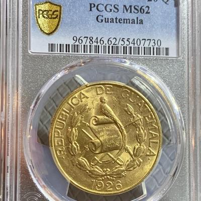 1926 GUATEMALA GOLD COIN 20Q PCGS MS62