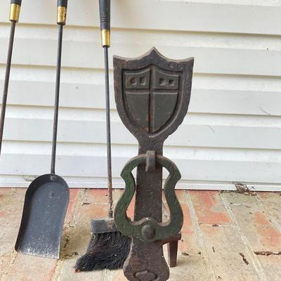 O16 Antique Cast Iron Arts & Crafts Andirons Shield & Lyre Motif