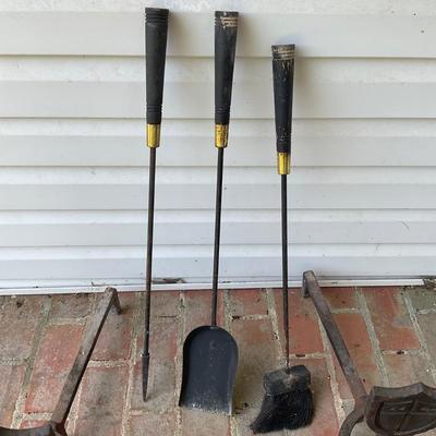 O16 Antique Cast Iron Arts & Crafts Andirons Shield & Lyre Motif