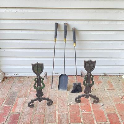 O16 Antique Cast Iron Arts & Crafts Andirons Shield & Lyre Motif
