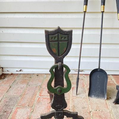 O16 Antique Cast Iron Arts & Crafts Andirons Shield & Lyre Motif