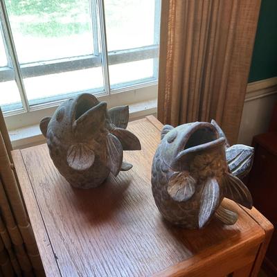 O18 Pair of Mid-Century Terracotta Koi Fish Sculpture Vases