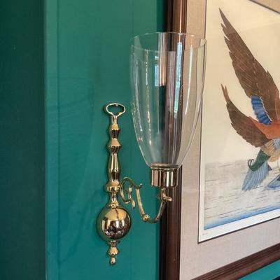 O20 Pair of Brass Hurricane-Style Wall Sconces