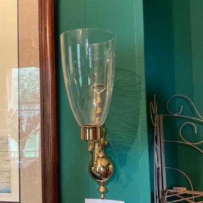 O20 Pair of Brass Hurricane-Style Wall Sconces