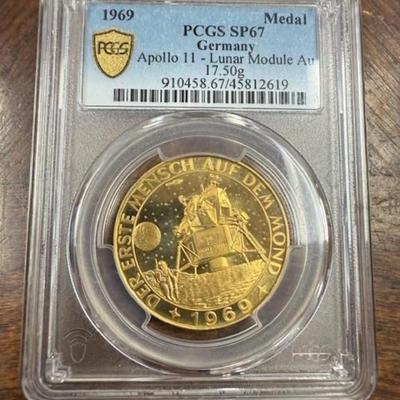1969 Germany Apollo 11 Gold Medal – PCGS SP67 – 17.50g Lunar Module Design – Ultra Rare