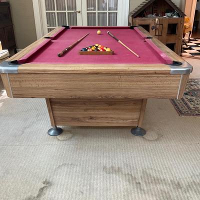 PR31 Vintage Red Top Billiards Table with Vintage Balls & Playing Sticks